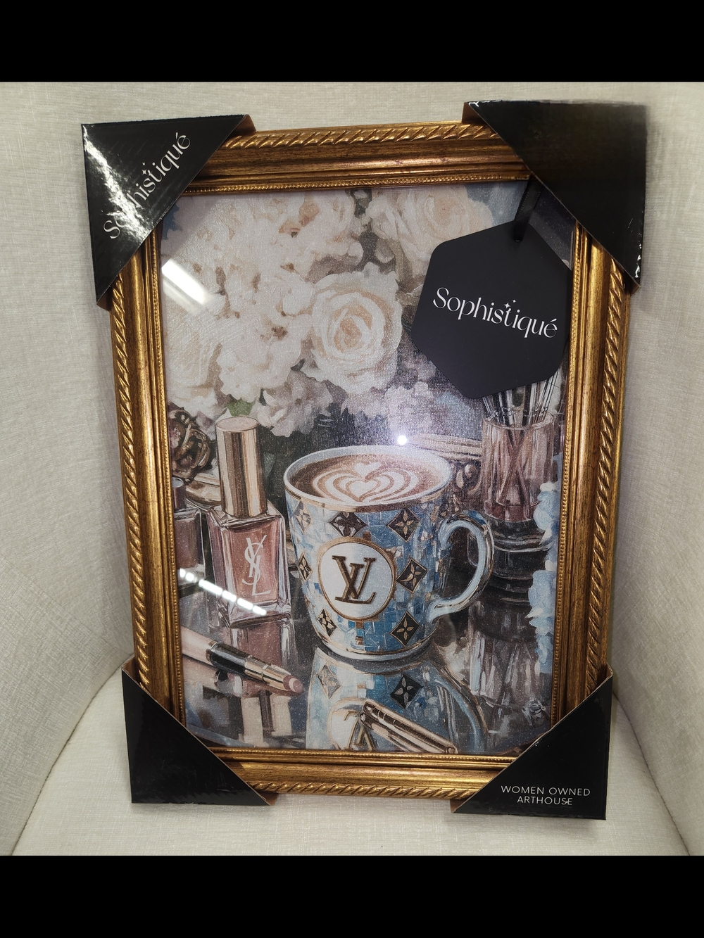 Gold Framed Floral & Coffee Lux Logo Art Print Acrylic Glass Cover Wall Decor